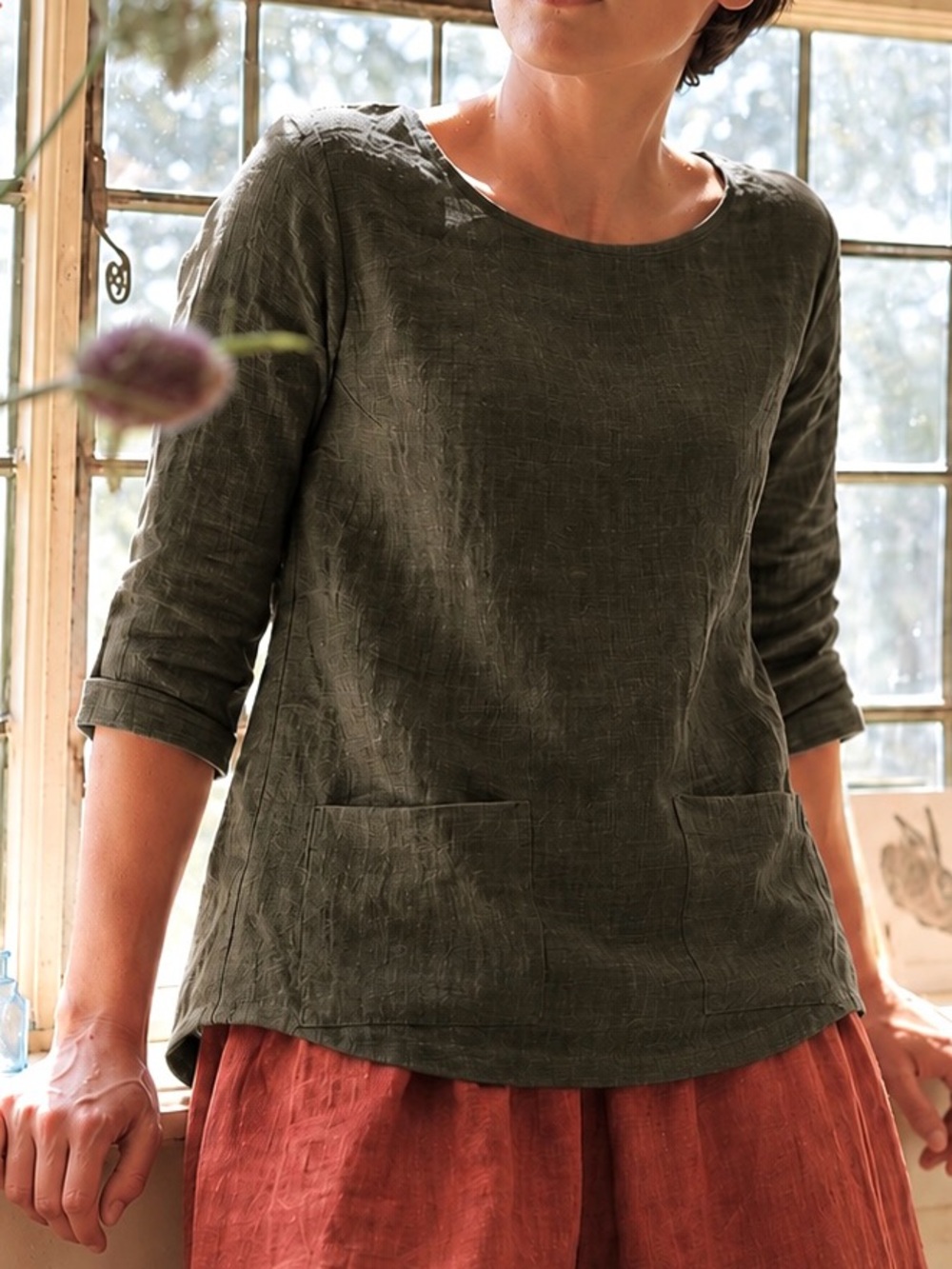 PYNE & SMITH Blouse No. 12 Everyday 100% Flax Linen Shirt Green Small